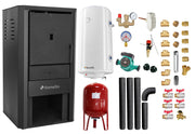 Pachet Cazan pe lemne, brichete si carbune Fornello Monza Black 27 kW, Boiler Termoelectric, Vas Expansune, Pompa, Kit evacuare si Fitinguri Montaj