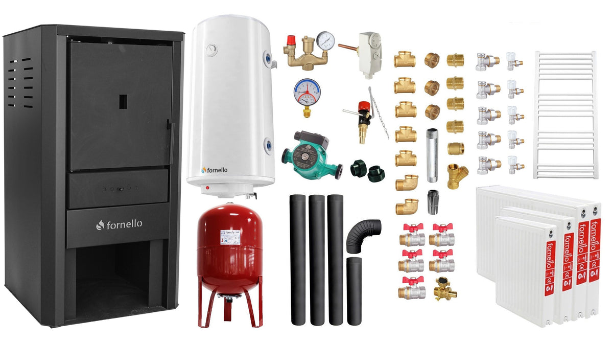 Pachet Cazan pe lemne, brichete si carbune Fornello Monza Black 27 kW, Radiatoare Otel, Boiler Termoelectric, Vas Expansune, Pompa, Kit evacuare si Fitinguri Montaj