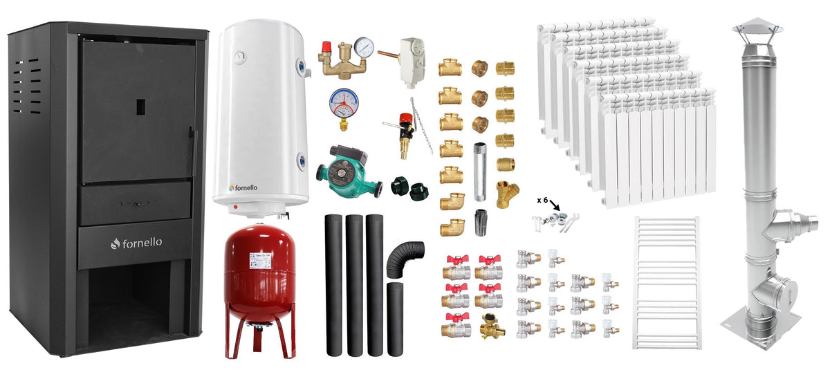 Pachet Cazan pe lemne, brichete si carbune Fornello Monza Black 27 kW, Cos Inox, Kit evacuare, Calorifere aluminiu, Boiler Termoelectric, Vas Expansune, Pompa si Fitinguri Montaj