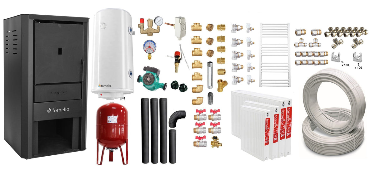 Pachet Cazan pe lemne, brichete si carbune Fornello Monza Black 27 kW, Teava, Radiatoare Otel, Boiler Termoelectric, Vas Expansune, Pompa, Kit evacuare si Fitinguri Montaj