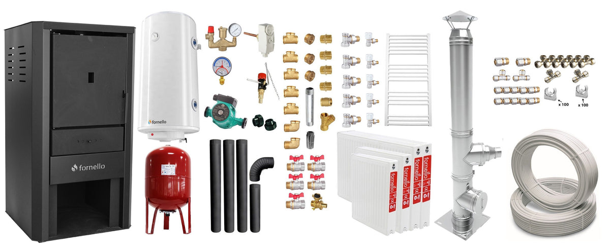 Pachet Cazan pe lemne, brichete si carbune Fornello Monza Black 27 kW, Teava, Radiatoare Otel, Cos inox, Kit evacuare interior, Boiler Termoelectric, Vas Expansune, Pompa si Fitinguri Montaj