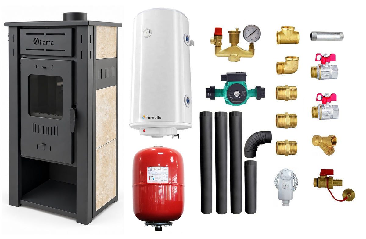 Pachet Termosemineu pe lemne, brichete si carbune FIAMA AMBASADOR, Ivory, 24.5 kW, boiler termoelectric 100l, vas expansiune, pompa circulatie, kit evacuare si kit montaj
