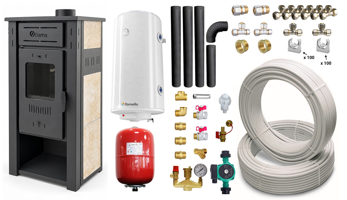 Pachet Termosemineu pe lemne, brichete si carbune FIAMA AMBASADOR, Ivory, 24.5 kW, boiler termoelectric 100l, teava, vas expansiune, pompa circulatie, kit evacuare si fitinguri