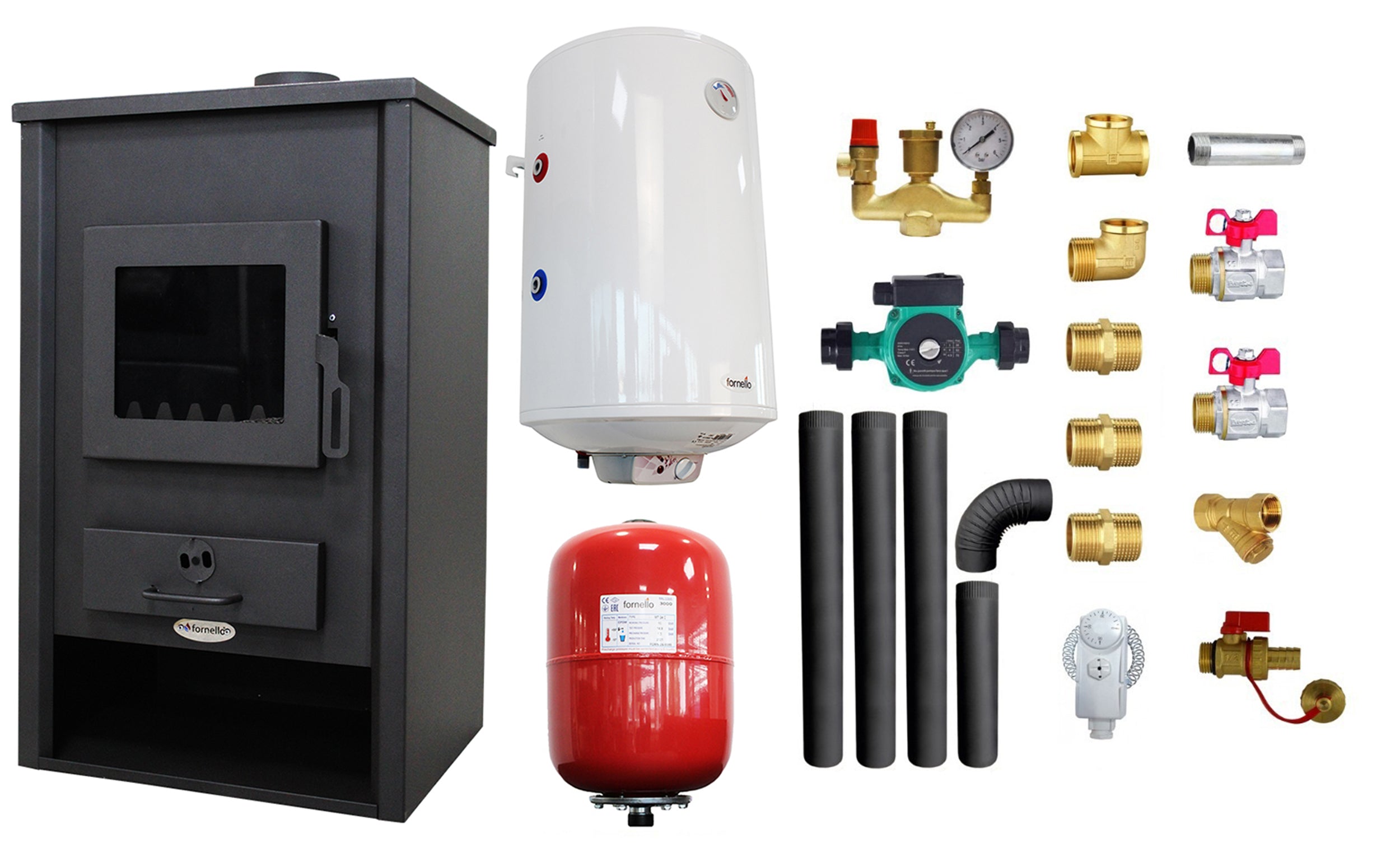 Pachet Termosemineu pe lemne, brichete si carbuni Fornello PADOVA E, 19.4 kW, 510x500x910 mm, boiler termoelectric 80l, vas expansiune, pompa circulare, kit evacuare si kit montaj