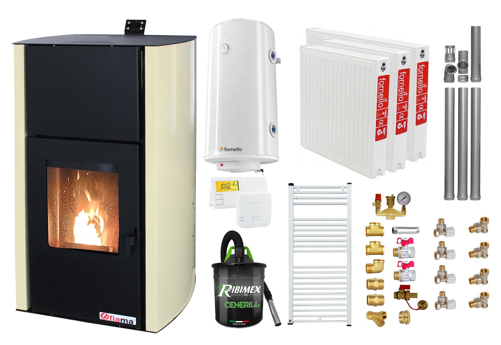 Pachet Termosemineu pe peleti Fornello Fiama Confort 12 kw, complet echipat pentru incalzire, Pompa, Vas expansiune, Automatizare, Radiatoare otel, Boiler 100 litri, Termostat, Aspirator, Kit 3.5 ml si Fitinguri montaj