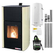 Pachet Termosemineu pe peleti Fornello Fiama Confort 25 kw, complet echipat pentru incalzire, Pompa, Vas expansiune, Automatizare, Boiler 100 litri, Termostat Salus 091FLRFV2, Aspirator Cenusa si Kit evacuare 3.5 ml