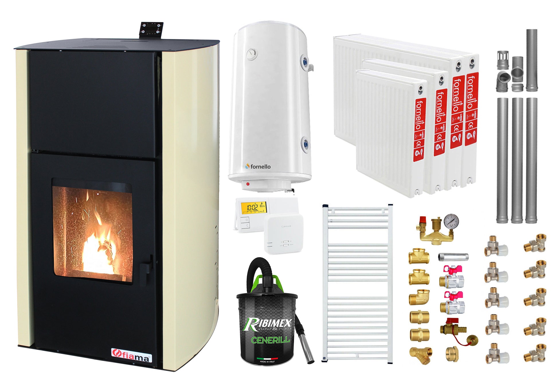 Pachet Termosemineu pe peleti Fornello Fiama Confort 25 kw, complet echipat pentru incalzire, Pompa, Vas expansiune, Automatizare, Radiatoare otel, Boiler 100 litri, Termostat, Aspirator, Kit 3.5 ml si Fitinguri montaj