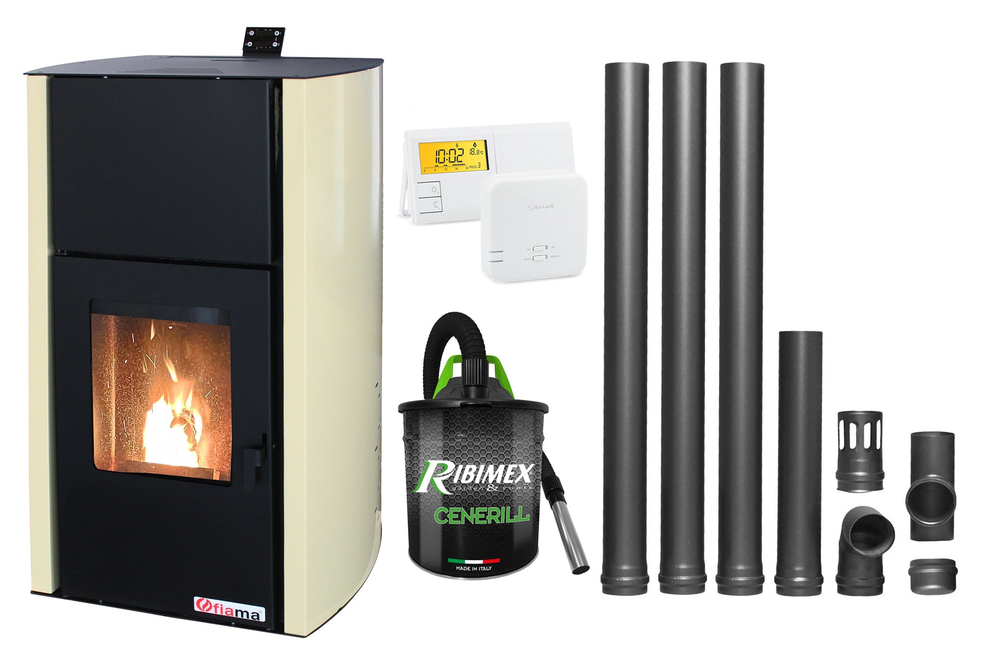 Pachet Termosemineu pe peleti Fornello Fiama Confort 12 kw, complet echipat pentru incalzire, Pompa, Vas expansiune, Automatizare, Termostat Radio Comanda Salus 091FLRFV2, Aspirator Cenusa si Kit evacuare 3.5 ml