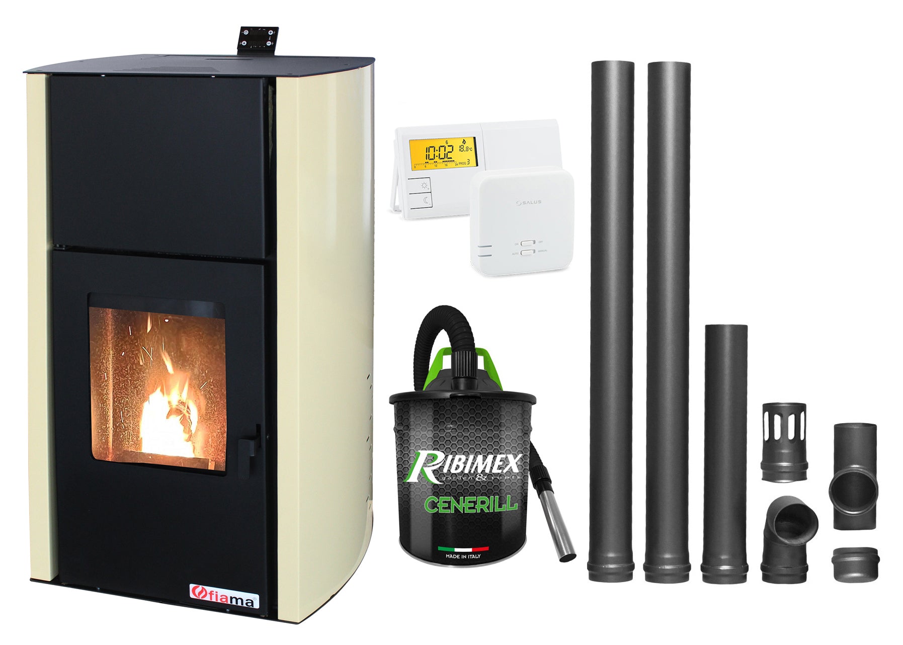 Pachet Termosemineu pe peleti Fornello Fiama Confort 18 kw, complet echipat pentru incalzire, Pompa, Vas expansiune, Automatizare, Termostat Radio Comanda Salus 091FLRFV2, Aspirator Cenusa si Kit evacuare 2.5 ml