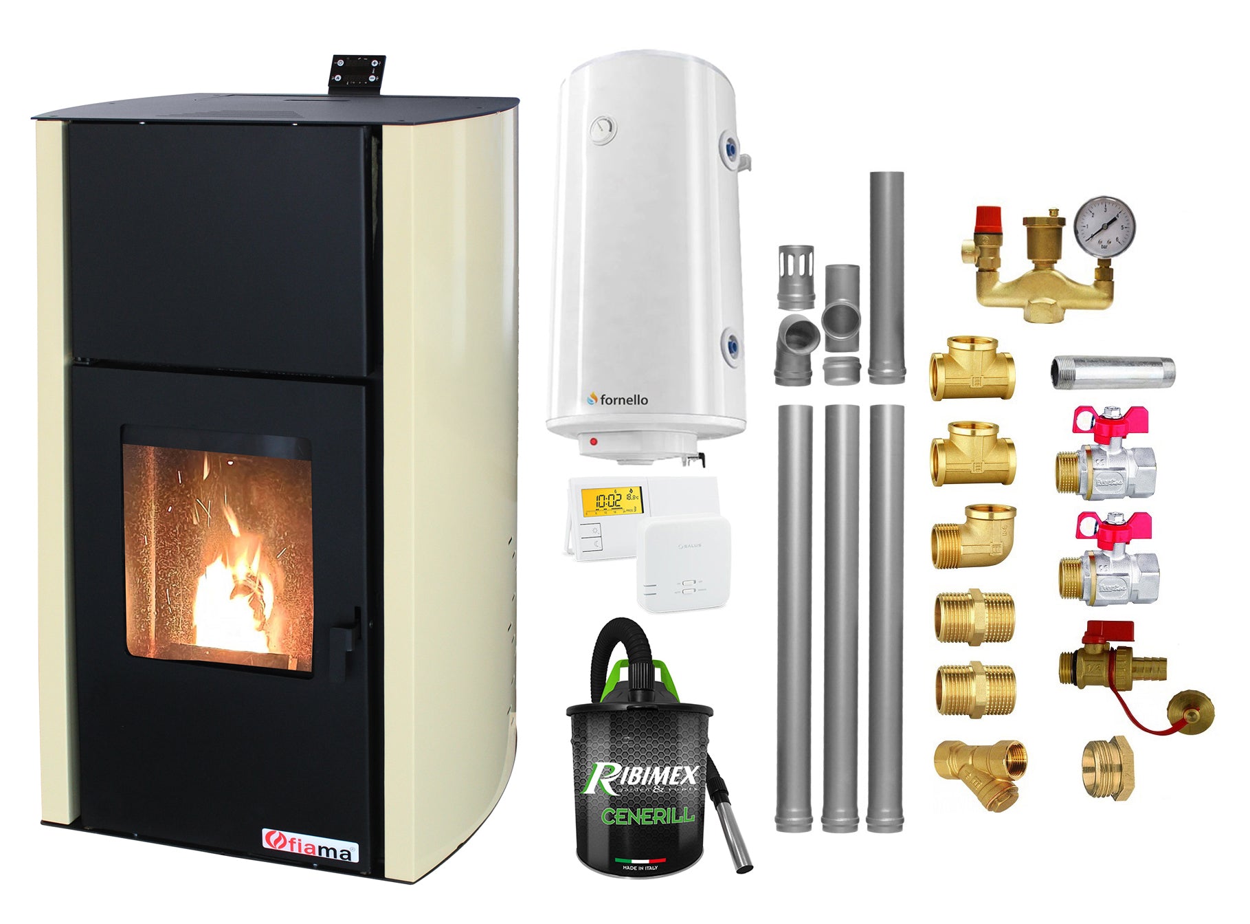 Pachet Termosemineu pe peleti Fornello Fiama Confort 18 kw, complet echipat pentru incalzire, Pompa, Vas expansiune, Automatizare, Boiler 100 litri, Termostat Salus 091FLRFV2, Aspirator, Kit evacuare 3.5 ml si Fitinguri montaj