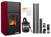 Pachet Termosemineu pe peleti Fornello Fiama Confort 25 kw, culoare Bordeaux, complet echipat pentru incalzire, Pompa, Vas expansiune, Automatizare, Termostat Radio Comanda Salus 091FLRFV2, Aspirator Cenusa si Kit evacuare 2.5 ml