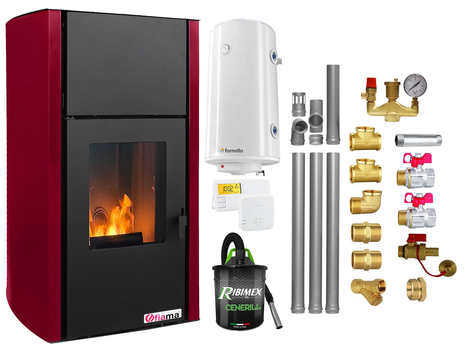 Pachet Termosemineu pe peleti Fornello Fiama Confort 25 kw, culoare Bordeaux, complet echipat pentru incalzire, Pompa, Vas expansiune, Automatizare, Boiler 100 litri, Termostat Salus 091FLRFV2, Aspirator, Kit evacuare 3.5 ml si Fitinguri montaj