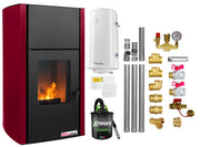 Pachet Termosemineu pe peleti Fornello Fiama Confort 25 kw, culoare Bordeaux, complet echipat pentru incalzire, Pompa, Vas expansiune, Automatizare, Boiler 100 litri, Termostat Salus 091FLRFV2, Aspirator, Kit evacuare 3.5 ml si Fitinguri montaj