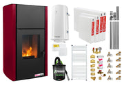 Pachet Termosemineu pe peleti Fornello Fiama Confort 25 kw, culoare Bordeaux, complet echipat pentru incalzire, Pompa, Vas expansiune, Automatizare, Radiatoare otel, Boiler 100 litri, Termostat, Aspirator, Kit 3.5 ml si Fitinguri montaj