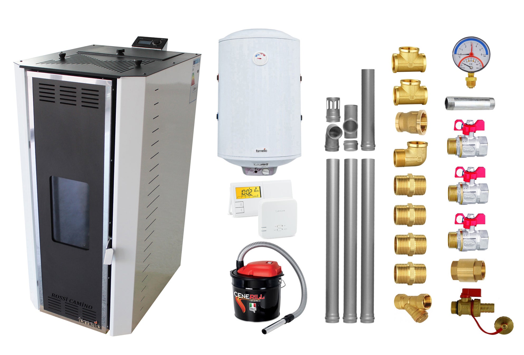 Pachet Termosemineu pe peleti Fornello Camino Rossi 25 kW, pompa Grundfos, vas expansiune, arzator inox, alb, A+,Kit evacuare 3.5 ml, Boiler Termoelectric Fornello 100 l, Termostat Salus 091FLRFV2, Aspirator, si Kit montaj