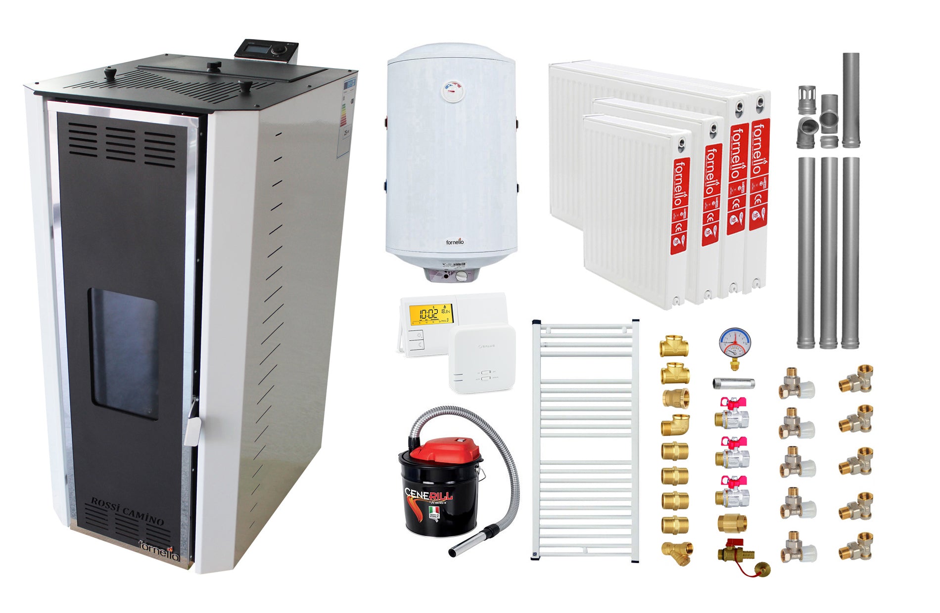 Pachet Termosemineu pe peleti Fornello Camino Rossi 25 kW, pompa Grundfos, vas expansiune, arzator inox, alb, A+,Kit evacuare 3.5 ml, Boiler Termoelectric Fornello 100 l, Termostat Salus 091FLRFV2, Aspirator, Radiatoare (calorifere) si Kit montaj