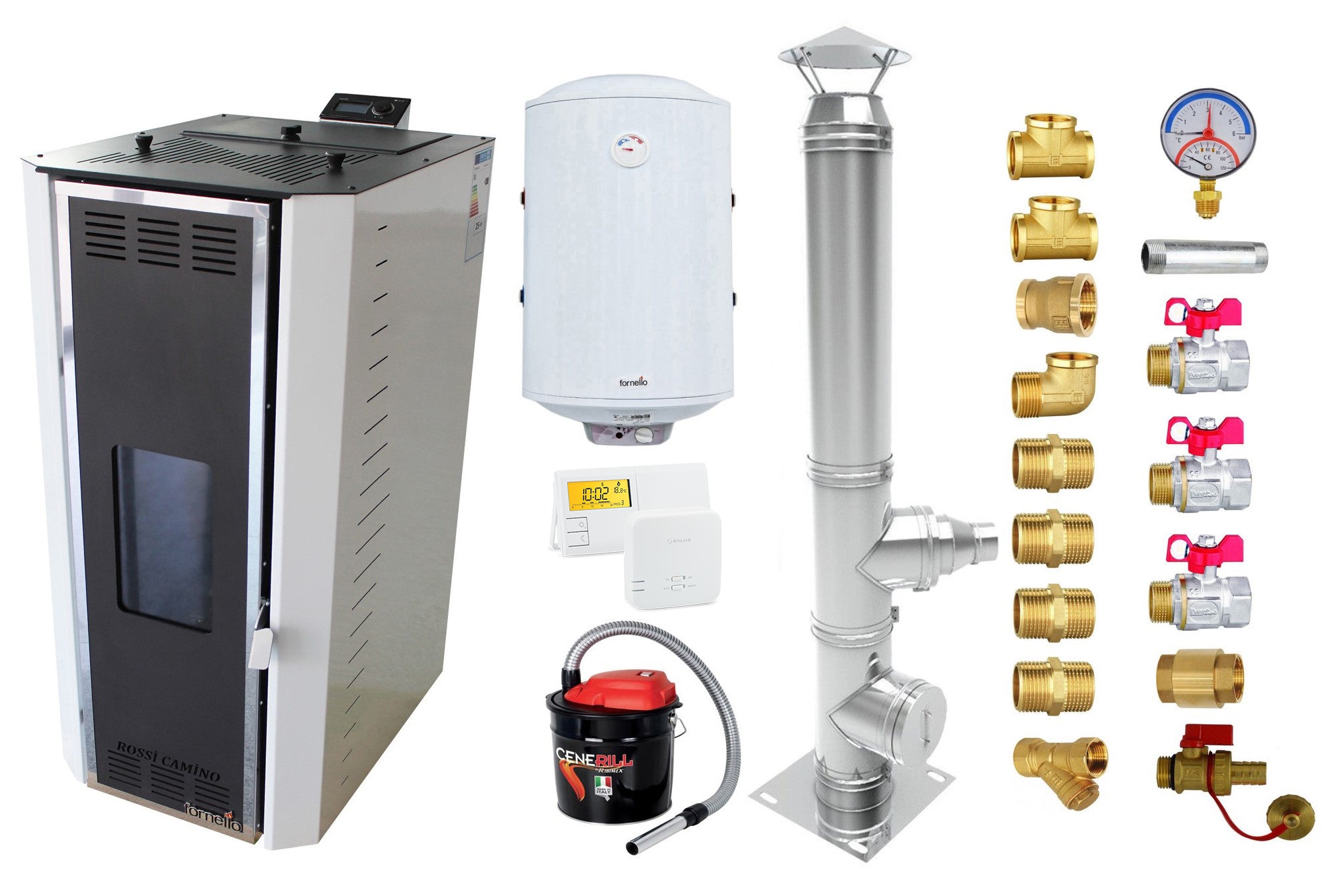 Pachet Termosemineu pe peleti Fornello Camino Rossi 35 kW, pompa Grundfos, vas expansiune, arzator inox, Boiler Fornello Termoelectric 100 l, termostat, aspirator cenusa, cos inox 4 ml si fitinguri montaj