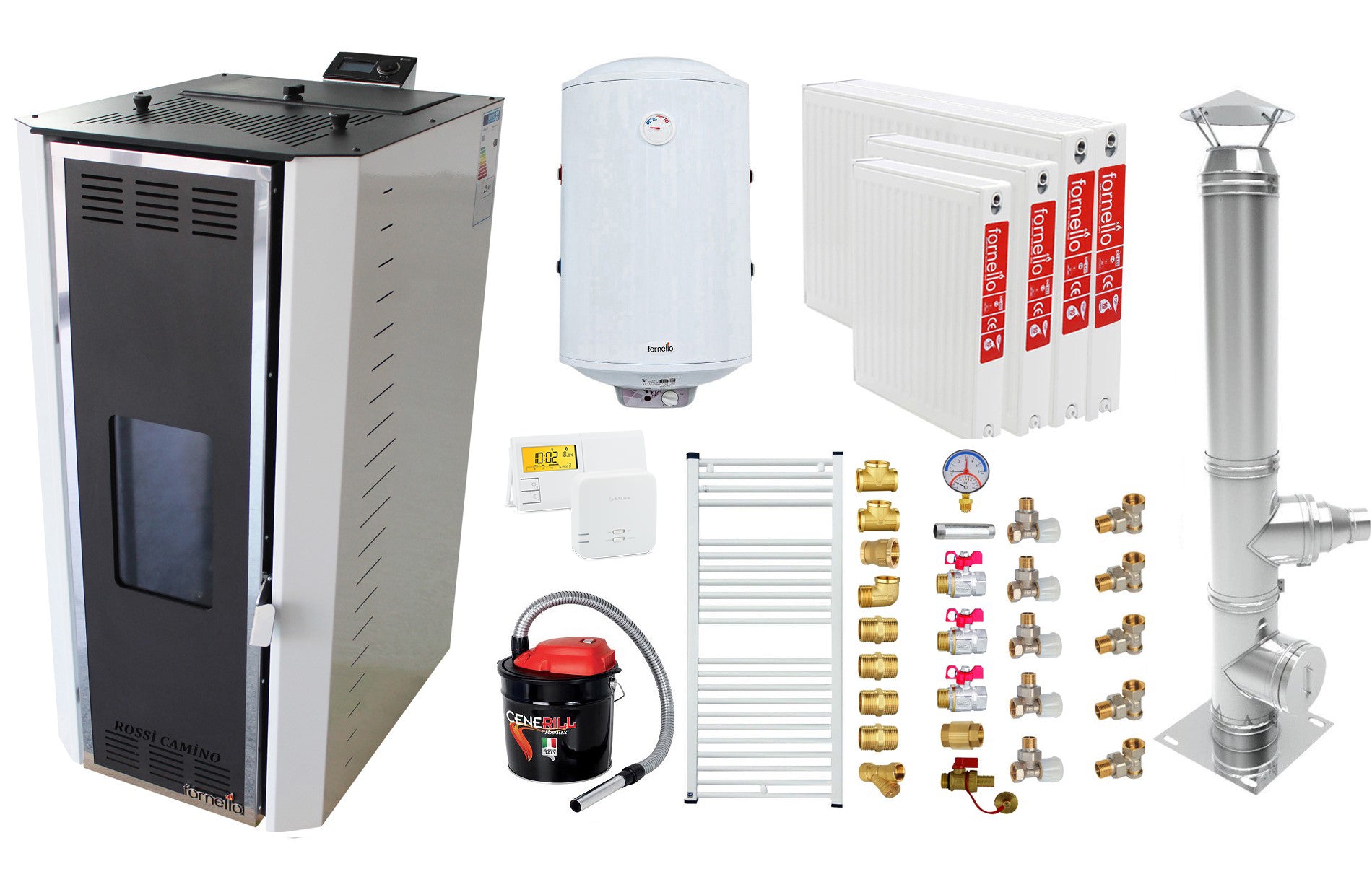 Pachet Termosemineu pe peleti Fornello Camino Rossi 35 kW, pompa Grundfos, vas expansiune, arzator inox, Boiler Fornello Termoelectric 100 l, termostat, aspirator cenusa, cos inox 4 ml, calorifere si fitinguri montaj