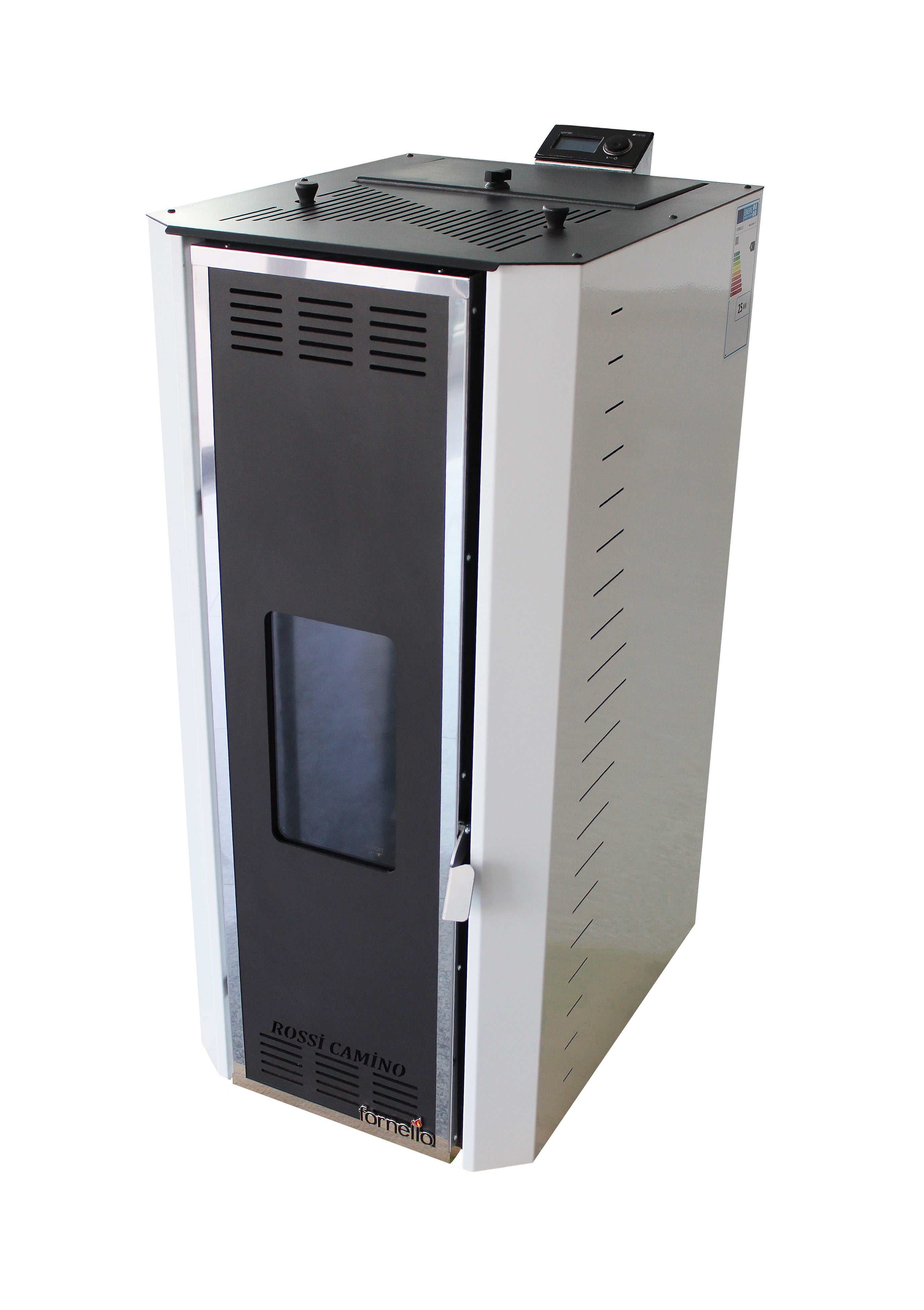 Pachet Termosemineu pe peleti Fornello Camino Rossi 35 kW, pompa Grundfos, vas expansiune, arzator inox, Boiler Fornello Termoelectric 100 l, termostat, aspirator cenusa, cos inox 4 ml, calorifere si fitinguri montaj