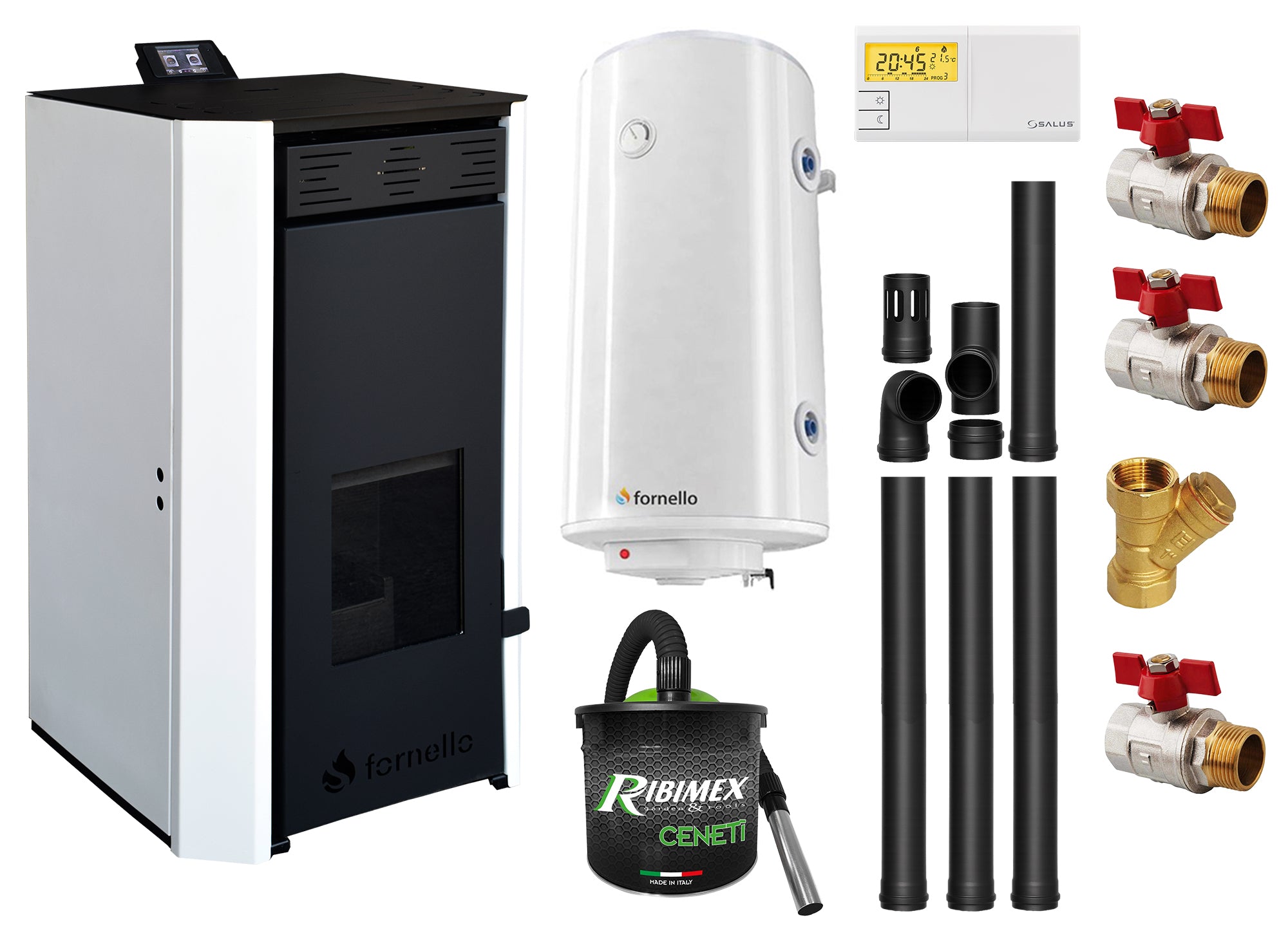 Pachet Termosemineu pe peleti Fornello EVA 25 KW, pompa circulatie, vas expansiune, WI-FI, buncar, tiraj fortat, kit evacuare 3.5 ml, termostat, aspiratior, boiler 100L si Fitinguri montaj