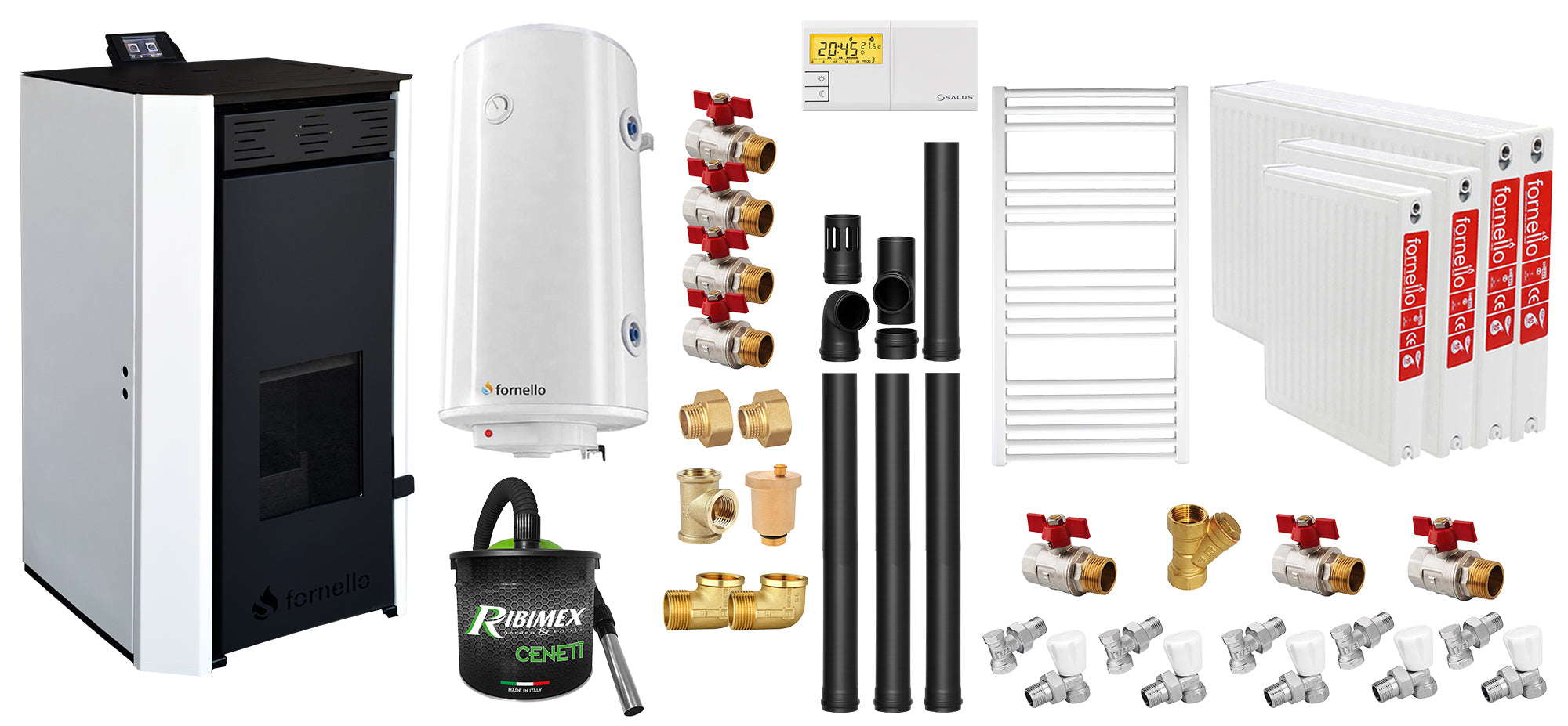 Pachet Termosemineu pe peleti Fornello EVA 25 KW, pompa circulatie, vas expansiune, WI-FI, buncar, tiraj fortat, kit evacuare 3.5 ml, termostat, aspiratior, boiler 100L, Radiatoare otel si Fitinguri montaj