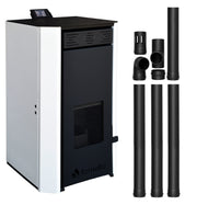 Pachet Termosemineu pe peleti Fornello EVA 25 KW, pompa circulatie, vas expansiune, Grup siguranta, WI-FI, buncar, tiraj fortat, kit evacuare 3.5 ml, Clasa A++, recomandat pentru 160 mp, Alb