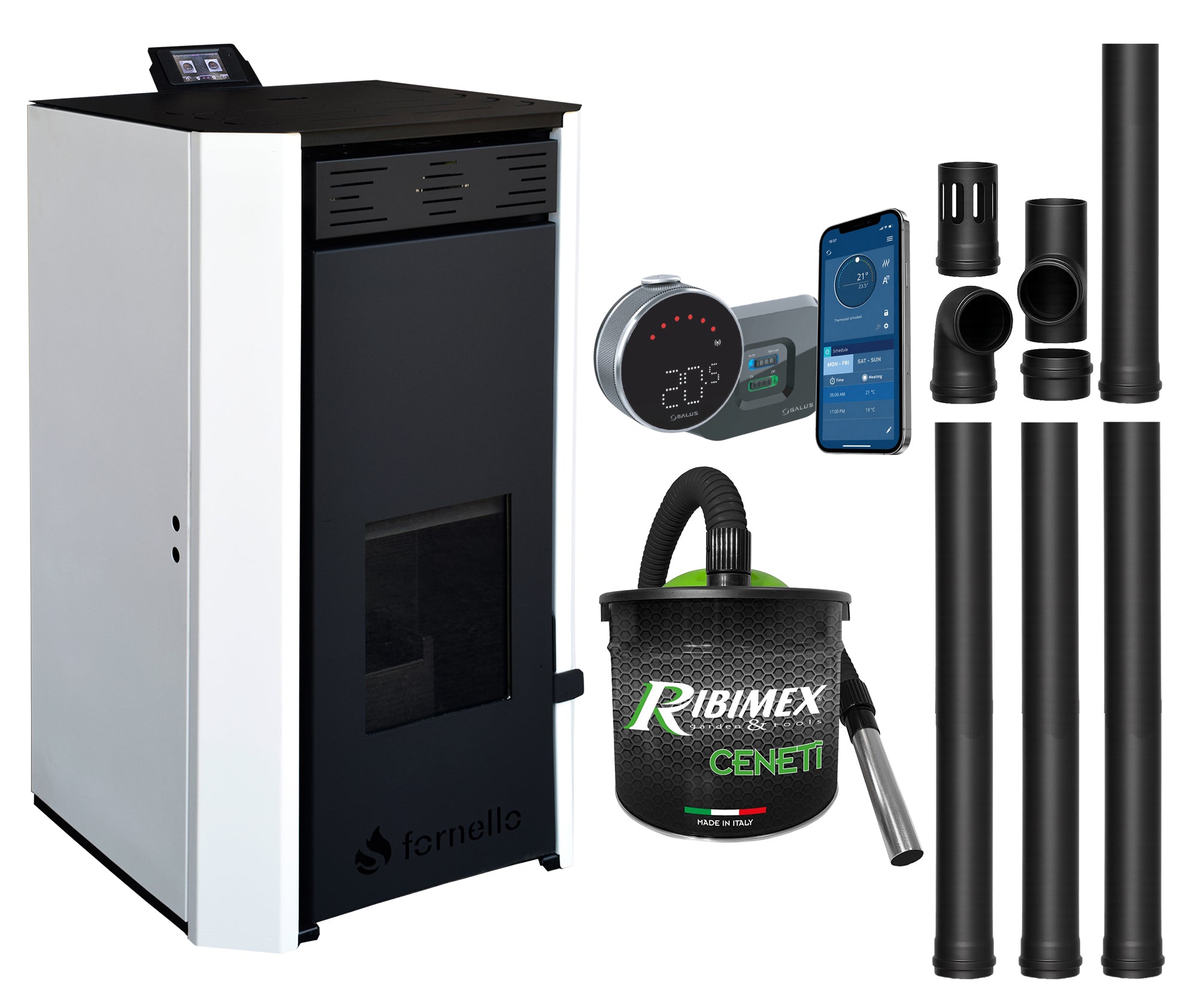 Pachet Termosemineu pe peleti Fornello EVA 30 kW, pompa circulatie,