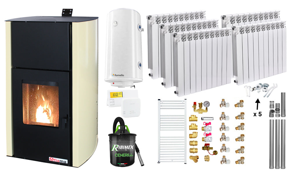 Pachet Termosemineu pe peleti Fornello Fiama Confort 18 kw, Pompa, Vas expansiune, Automatizare, Calorifere aluminiu Fornello Alvo, Boiler 100 litri, Termostat, Aspirator, Kit 3.5 ml si Fitinguri montaj