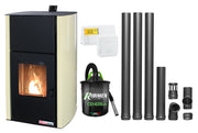 Pachet Termosemineu pe peleti Fornello Fiama Confort 30 kW, cu pompa, vas expansiune, automatizare, termostat, aspirator, kit evacuare 3.5 ml, buncar 35 kg, tiraj fortat, culoare crem, pana la 200 mp