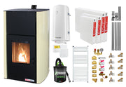 Pachet Termosemineu pe peleti Fornello Fiama Confort 30 kW, cu pompa, vas expansiune, automatizare, radiatoare otel, boiler, termostat, aspirator, kit evacuare 3.5 ml, fitinguri, buncar 35 kg, culoare crem, pana la 200 mp