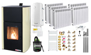 Pachet Termosemineu pe peleti Fornello Fiama Confort 30 kW, cu pompa, vas expansiune, automatizare, calorifere aluminiu Fornello Alvo, boiler, termostat, aspirator, kit evacuare, fitinguri, culoare crem, pana la 200 mp