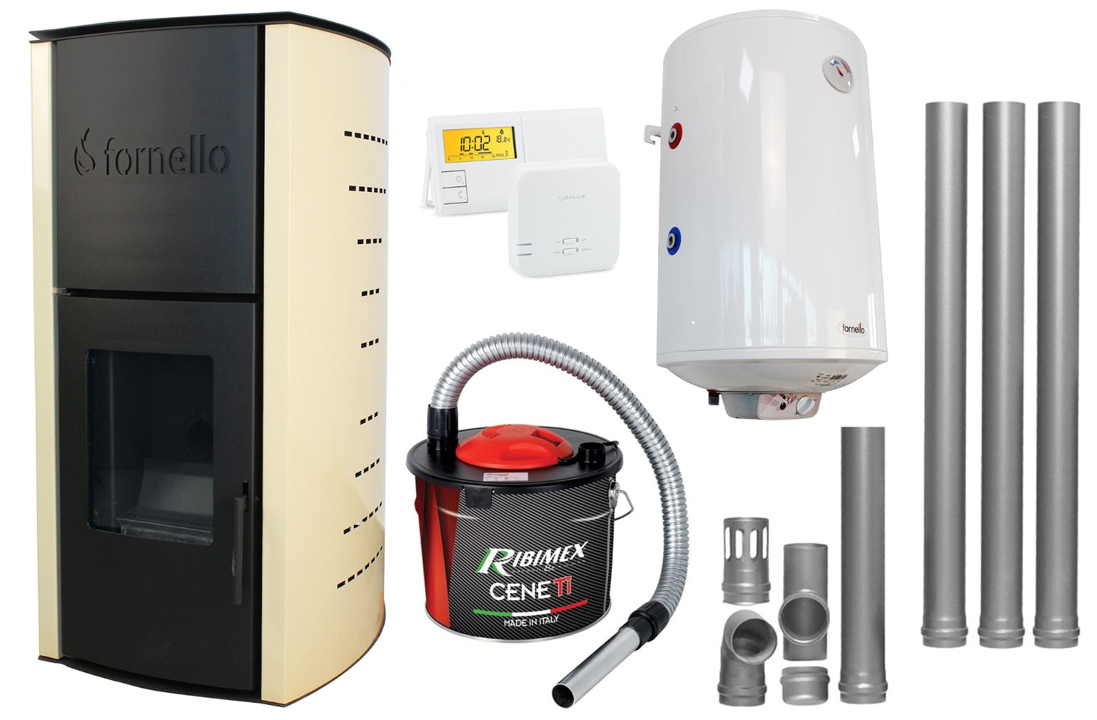 Pachet Termosemineu pe peleti Fornello Michelle 12 kW, echipat cu pompa, vas expansiune, automatizare, Boiler, kit evacuare 3.5 ml, Aspirator Cenusa si Termostat Salus 091FLRFV2
