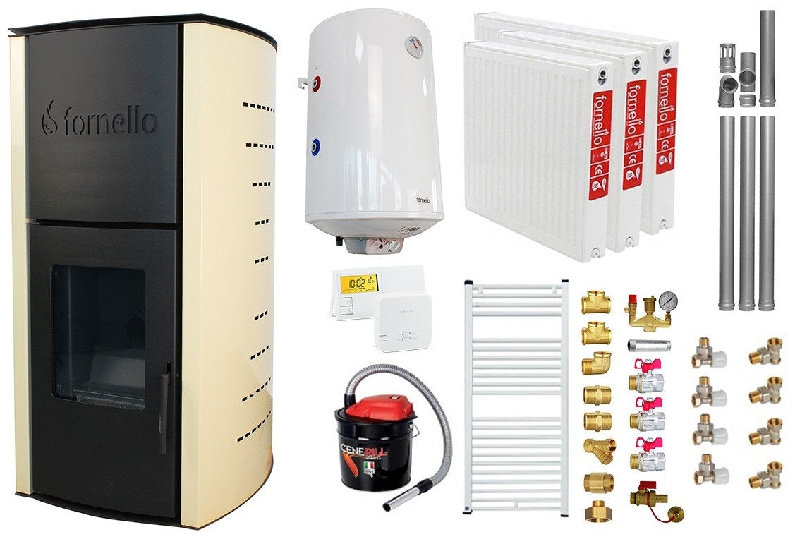 Pachet Termosemineu pe peleti Fornello Michelle 12 kW, echipat cu pompa, vas expansiune, automatizare, Boiler, kit evacuare 3.5 ml, Aspirator Cenusa, Termostat Salus 091FLRFV2, Calorifere si Fitinguri