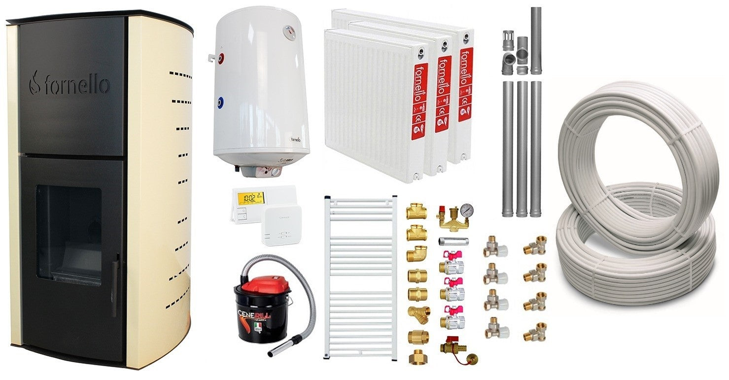 Pachet Termosemineu pe peleti Fornello Michelle 12 kW, echipat cu pompa, teava hidronix, vas expansiune, automatizare, Boiler, kit evacuare 3.5 ml, Aspirator Cenusa, Termostat Salus 091FLRFV2, Calorifere si Fitinguri
