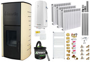 Pachet Termosemineu pe peleti Fornello Michelle 12 kW, echipat cu pompa, vas expansiune, automatizare, Calorifere aluminiu Fornello Alvo, Boiler, kit evacuare 3.5 ml, Aspirator Cenusa, Termostat Salus 091FLRFV2 si Fitinguri