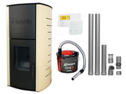 Pachet Termosemineu pe peleti Fornello Royal Ivory 18 kW, complet echipat cu pompa, vas expansiune, automatizare, culoare crem, kit evacuare 2.5 ml, Termostat Radio Comanda Salus 091FLRFV2 si Aspirator Cenusa