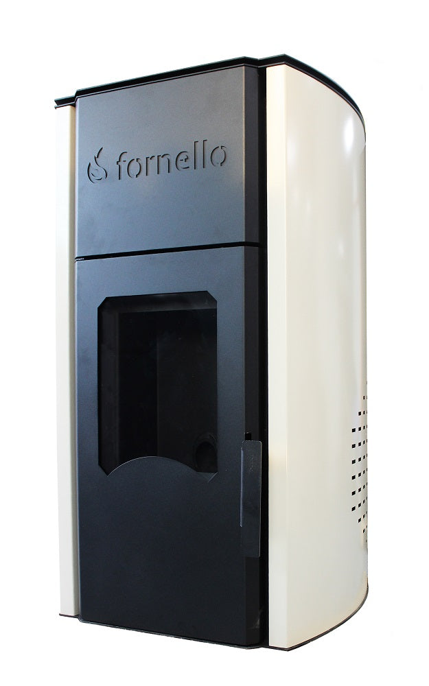 Pachet Termosemineu pe peleti Fornello Royal Ivory 25 kW, complet echipat cu pompa, vas expansiune, automatizare, culoare crem, kit evacuare 2.5 ml, Termostat Radio Comanda Salus 091FLRFV2 si Aspirator Cenusa