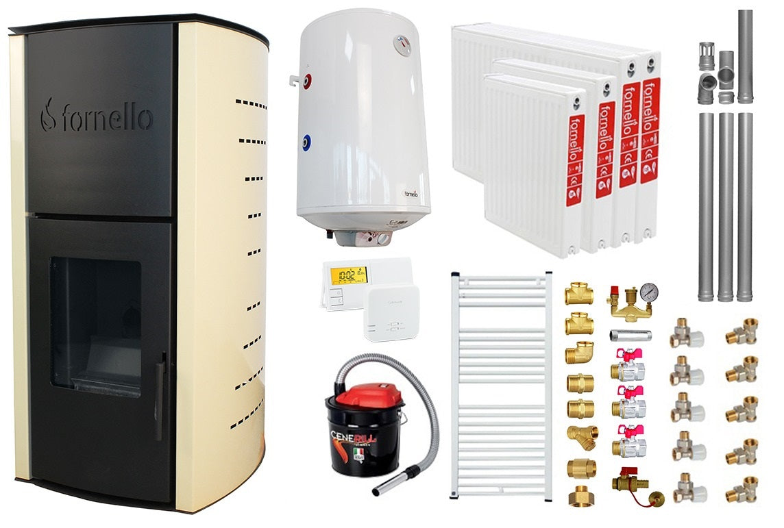 Pachet Termosemineu pe peleti Fornello Royal Ivory 18 kW, complet echipat cu pompa, vas expansiune, automatizare, culoare crem, Boiler, kit evacuare 3.5 ml, Termostat Salus 091FLRFV2 Aspirator Cenusa, Calorifere si Fitinguri