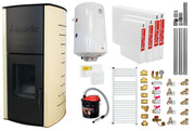 Pachet Termosemineu pe peleti Fornello Royal Ivory 18 kW, complet echipat cu pompa, vas expansiune, automatizare, culoare crem, Boiler, kit evacuare 3.5 ml, Termostat Salus 091FLRFV2 Aspirator Cenusa, Calorifere si Fitinguri