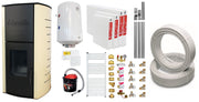 Pachet Termosemineu pe peleti Fornello Royal Ivory 18 kW, complet echipat cu pompa, teava hidronix, vas expansiune, automatizare, culoare crem, Boiler, kit evacuare 3.5 ml, Termostat Salus 091FLRFV2 Aspirator Cenusa, Calorifere si Fitinguri