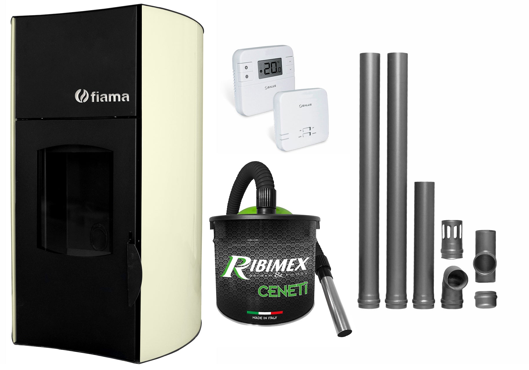 Pachet Termosemineu peleti Fiama Avorio 25 kW, complet echipat pentru