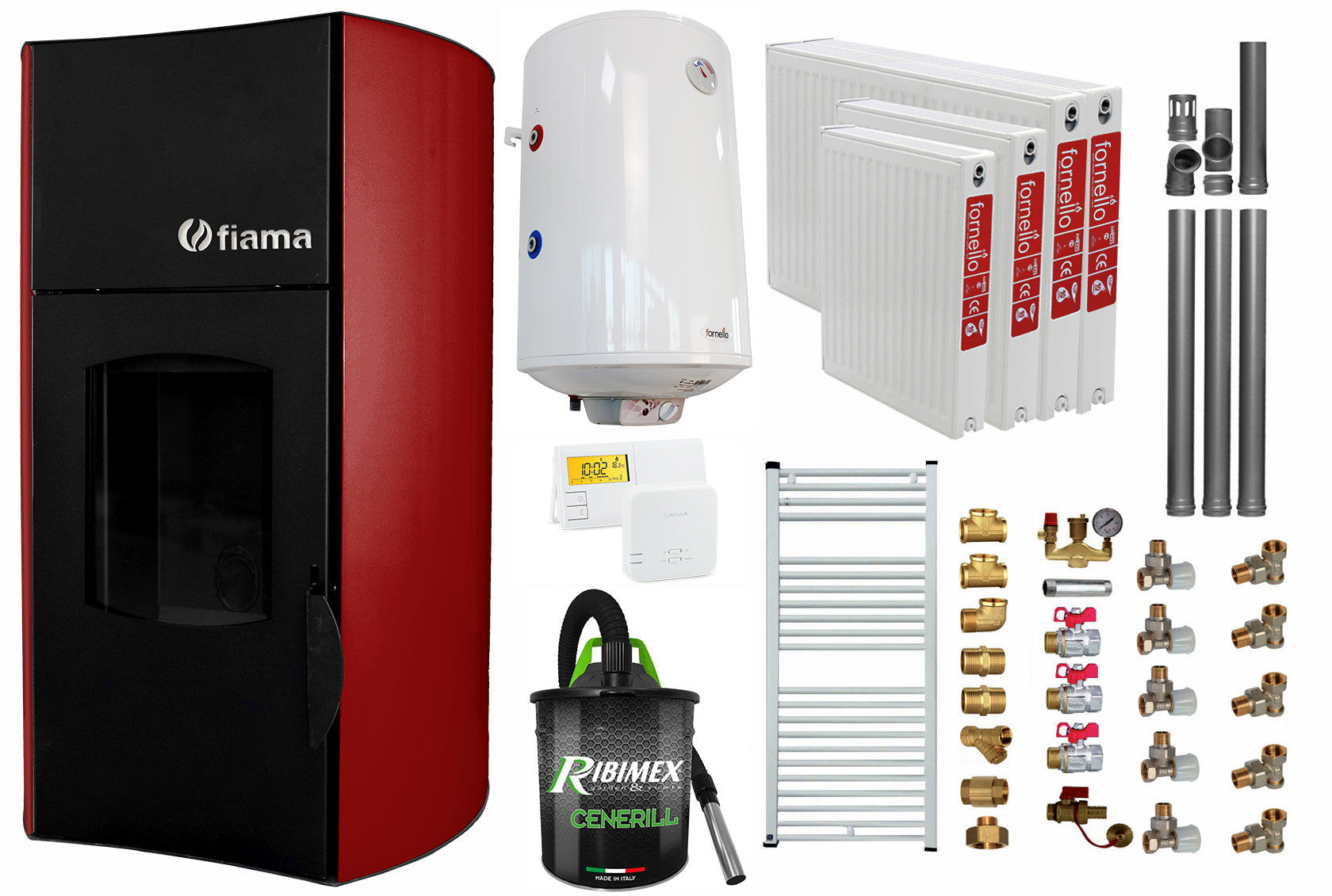 Pachet Termosemineu peleti Fiama Bordeaux 25 kW, complet echipat,