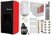 Pachet Termosemineu pe peleti Fiama Red 25 kw, complet echipat, pompa circulatie, vas expansiune, automatizare, kit evacuare 3.5 ml, Boiler Termoelectric Fornello 100 l, Termostat Salus 091FLRFV2, Aspirator, Calorifere si kit montaj
