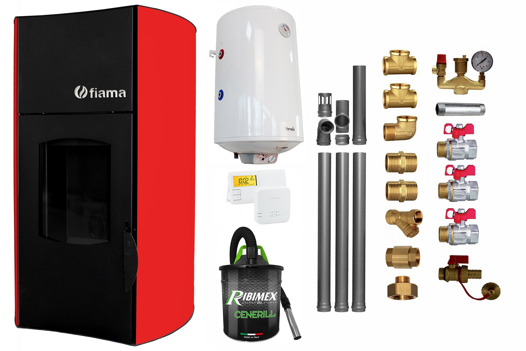 Pachet Termosemineu pe peleti Fiama Red 25 kw, complet echipat pentru incalzire, pompa circulatie, vas expansiune, automatizare, kit evacuare 3.5 ml, Boiler Termoelectric Fornello 100 l, Termostat Salus 091FLRFV2, Aspirator si kit montaj