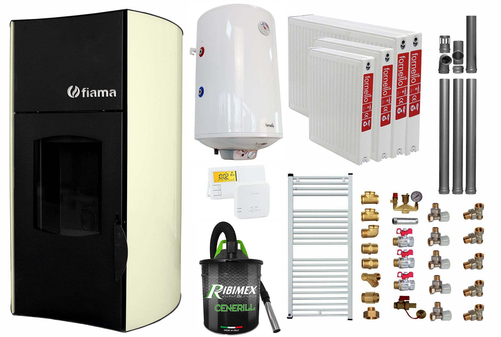 Pachet Termosemineu peleti Fiama Avorio 25 kW, complet echipat, pompa
