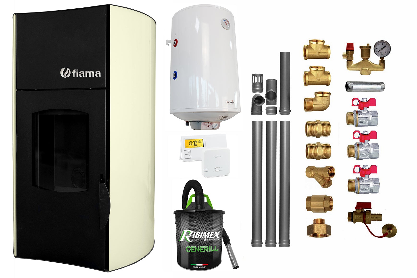 Pachet Termosemineu peleti Fiama Avorio 25 kW, pompa circulatie, vas