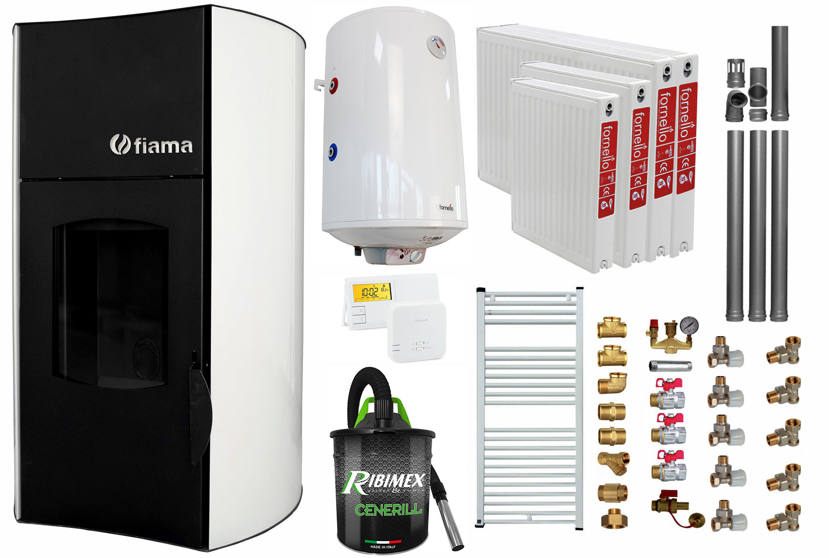 Pachet Termosemineu pe peleti Fiama Bianco 25 kw, complet echipat, pompa circulatie, vas expansiune, automatizare, kit evacuare 3.5 ml, Boiler Termoelectric Fornello 100 l, Termostat Salus 091FLRFV2, Aspirator, Calorifere si kit montaj