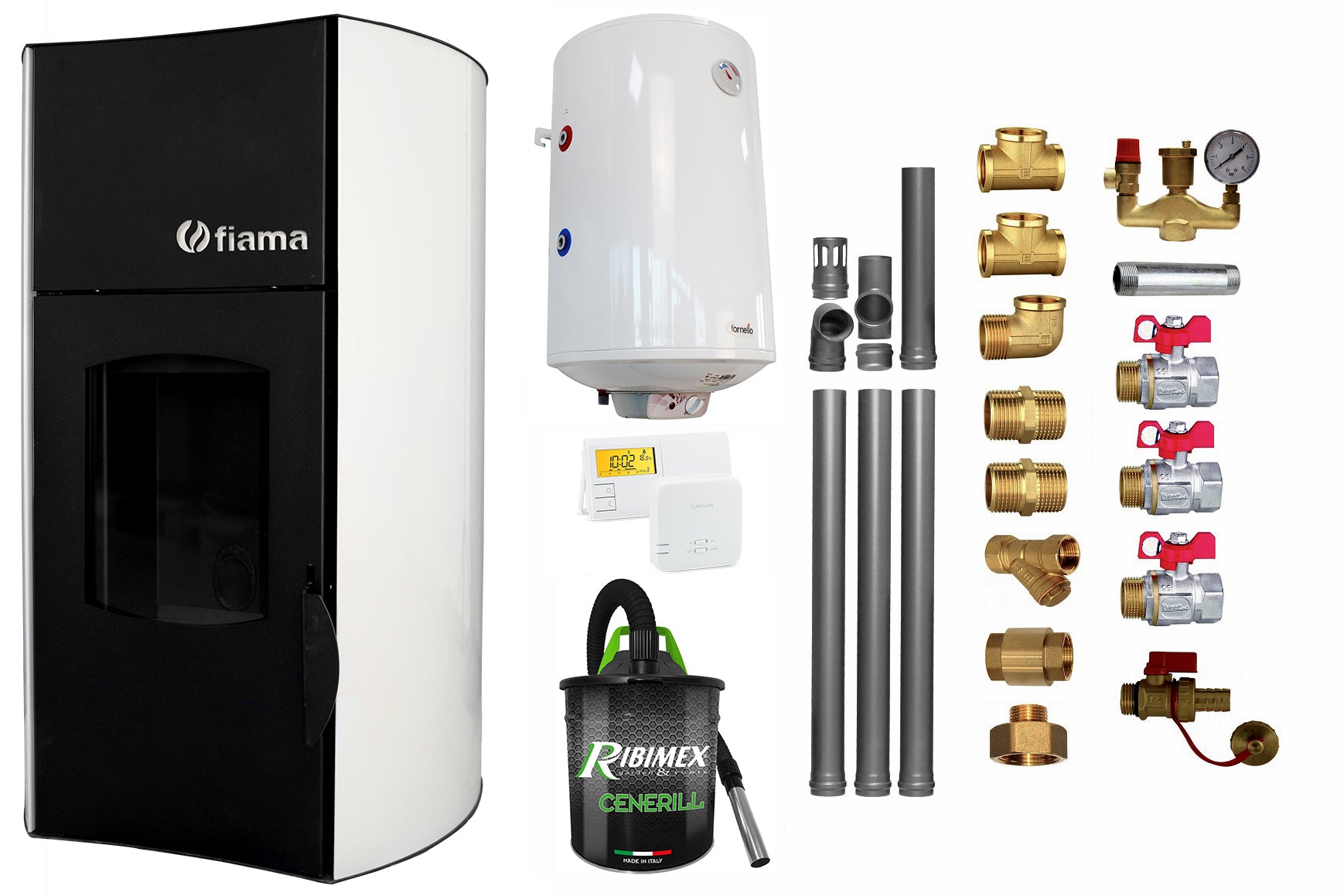 Pachet Termosemineu pe peleti Fiama Bianco 25 kw, complet echipat pentru incalzire, pompa circulatie, vas expansiune, automatizare, kit evacuare 3.5 ml, Boiler Termoelectric Fornello 100 l, Termostat Salus 091FLRFV2, Aspirator si kit montaj