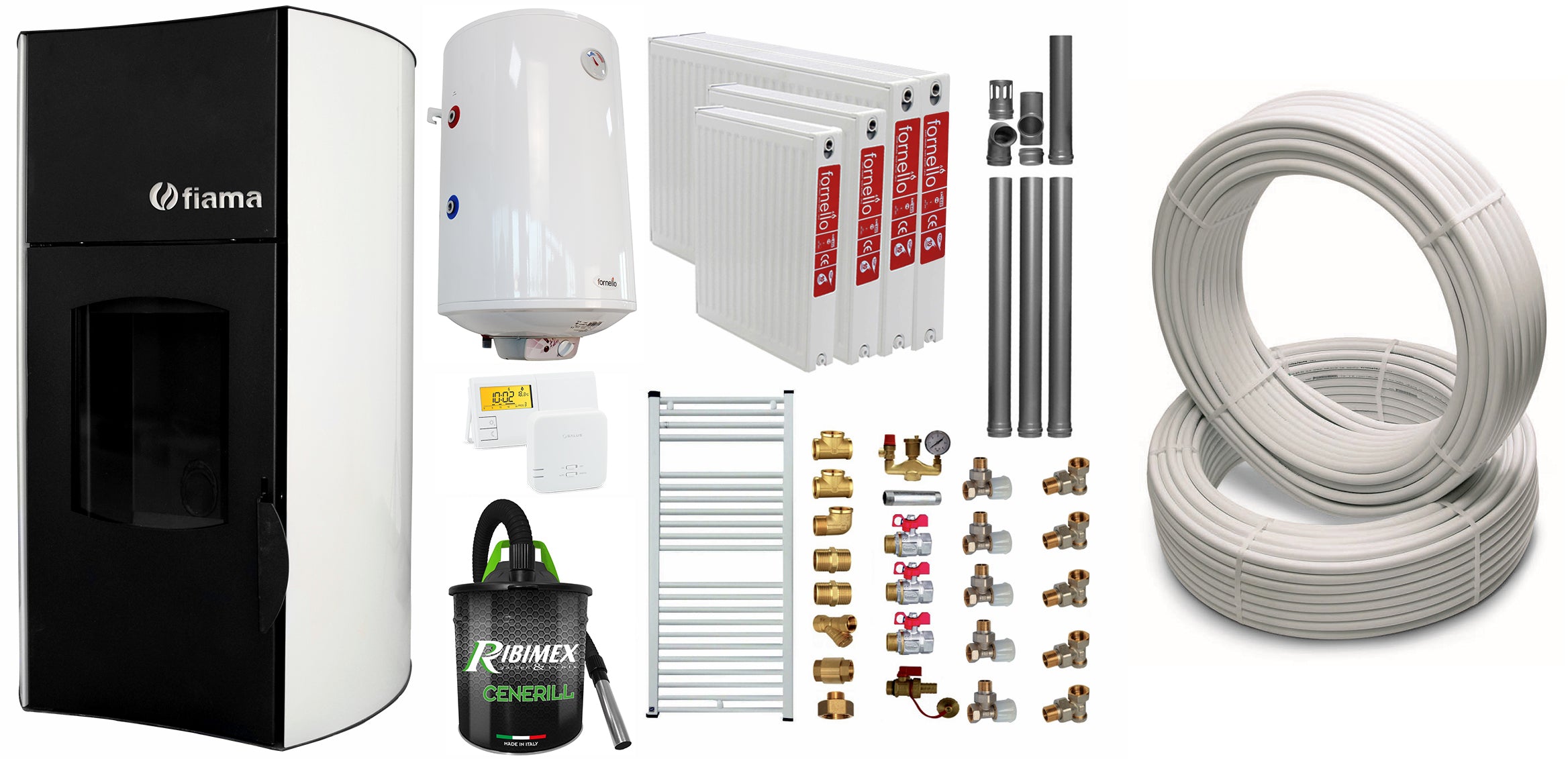 Pachet Termosemineu pe peleti Fiama Bianco 25 kw, complet echipat, teava hidronix, pompa circulatie, vas expansiune, kit evacuare 3.5 ml, Boiler Termoelectric, Termostat Salus , Aspirator, Calorifere si kit, Teava Multistrat