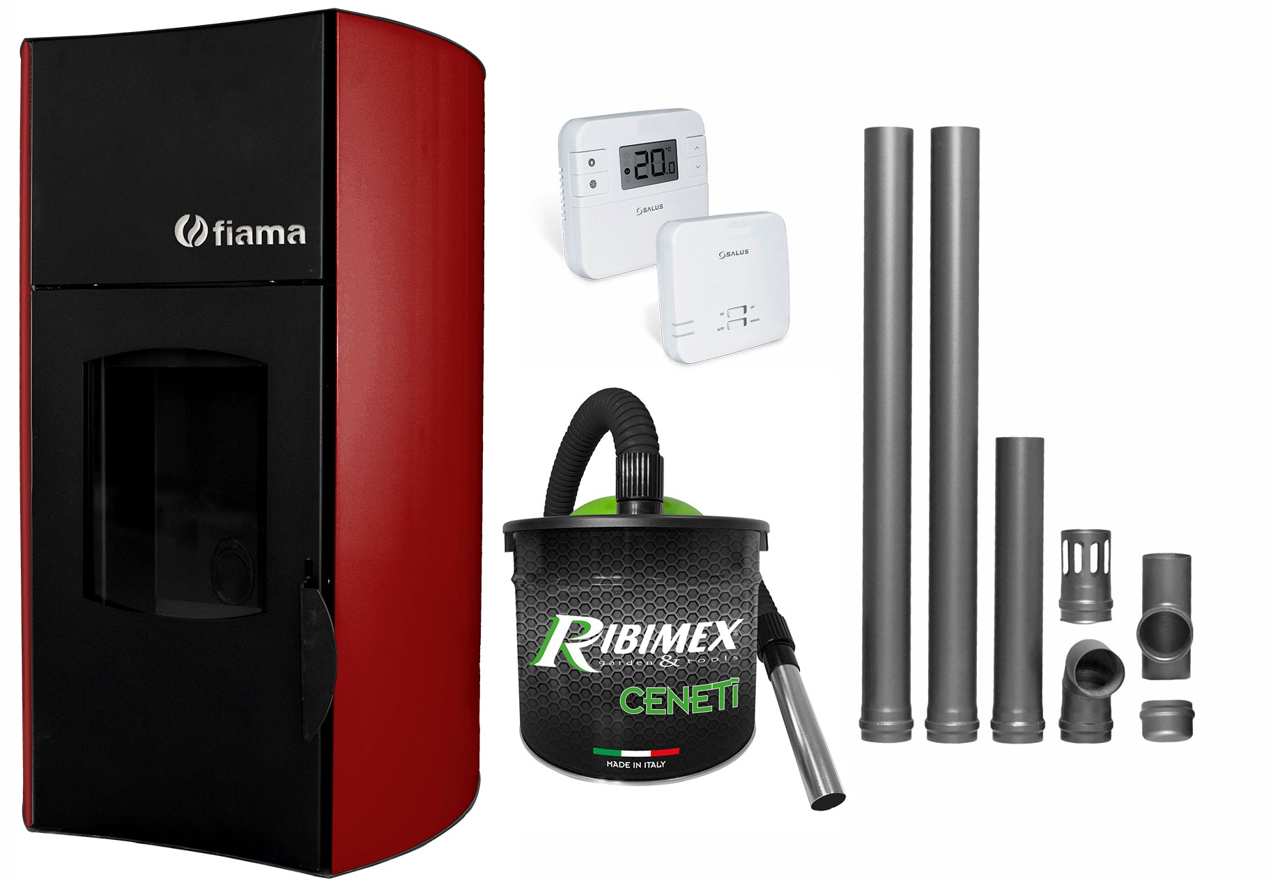 Pachet Termosemineu peleti Fiama Bordeaux 25 kW, complet echipat